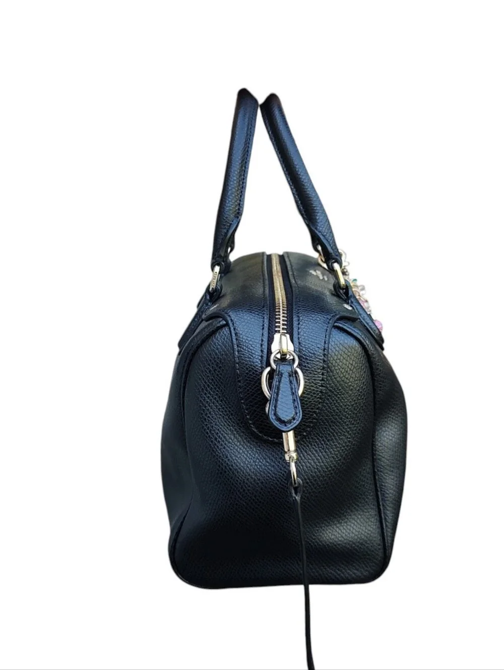 Coach Black Pebbled Leather Satchel with Cherry Charm